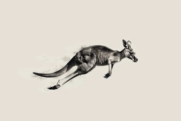 Fototapeta premium A simple black and white sketch of a kangaroo leaping through the air, A minimalist black and white sketch of a kangaroo in mid-jump