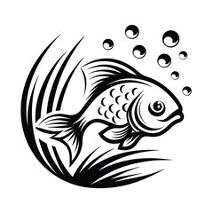 Tribal Fish Swimming Under Water, Black and White Fish Illustration, Fish with Bubbles