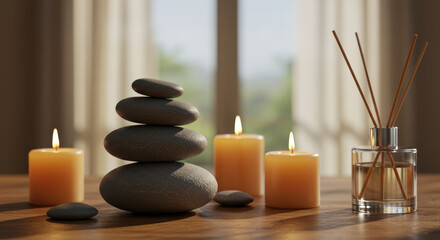 Zen Still Life: Stacked Stones, Candles & Aromatherapy - Calming Spa D?cor for Relaxation & Wellbeing