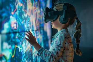 A young girl wearing a VR headset reaches out to touch a large interactive display filled with colorful data visualizations, Leveraging emerging technologies to enhance educational experiences