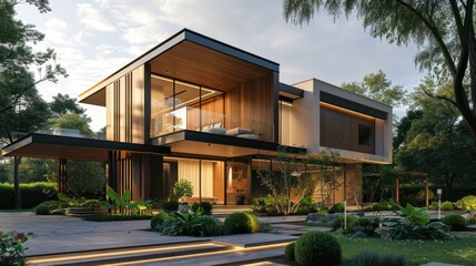 Fototapeta premium Contemporary exterior wooden house with a spacious balcony is beautifully integrated into a lush garden