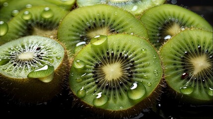 Fresh kiwi slices with water droplets, vibrant and juicy, ideal for healthy food or summer themes.

