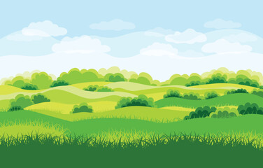Vector illustration of a picturesque landscape of rural hills, fields. Cartoon scene of beautiful rural slopes, lush bushes, green grass, blue sky with white clouds. Pastures for cows. Summertime.