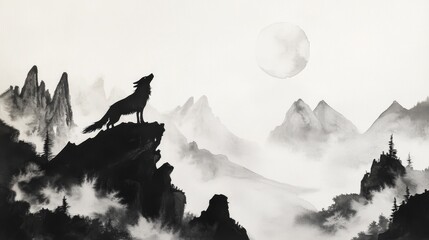 Ink wash painting of a wolf howling on a mountain under the moon.