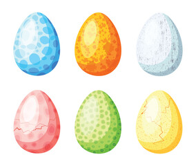 Set of colored dragon eggs in cartoon style. Vector illustration of whole dragon eggs and with cracks, patterns, spots, dots, blots of different shapes and sizes isolated on white background.