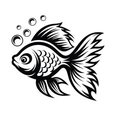 Elegant Monochrome Goldfish with Bubbles on White Background, Detailed Fins