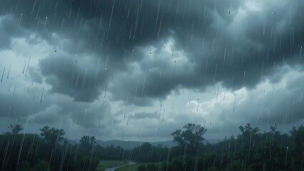 Storm dark rainy clouds weather over the forest
