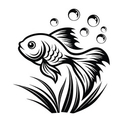 Black and White Ornamental Fish with Bubbles and Seaweed Silhouette