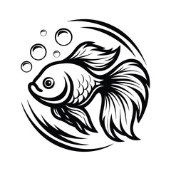 Stylized Black and White Fish with Bubble Ornament, Isolated on White Background