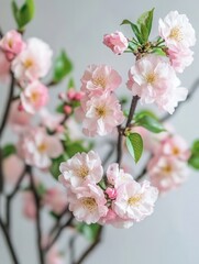 Naklejka premium Gentle pink blossoms on a branch against a soft gray background creating a serene and delicate floral composition with a shallow depth of field and natural light