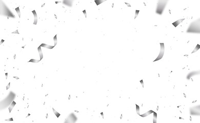 Realistic silver confetti and ribbon explosion on transparent background. Ideal for celebration overlays, parties, festive design, and New Year decorations.