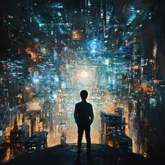 Man standing on cliff, gazing at futuristic cityscape filled with glowing lights and buildings.