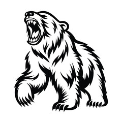 Black and White Roaring Bear Illustration, Wild Animal with Open Mouth, Sharp Teeth