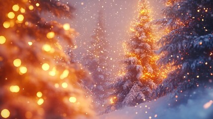 Fototapeta premium Winter wonderland forest scene with warm golden lights