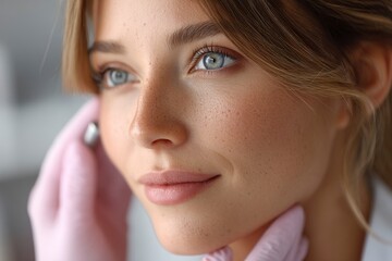 Woman Face with Freckles and Hand in Glove