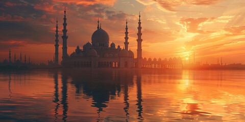 Naklejka premium Twilight Reflections: Mosque Silhouette at Sunset.