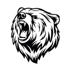 Roaring Bear Head Black & White, Isolated, Fangs, Aggressive, Wildlife