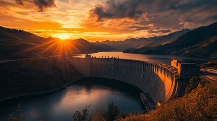 Obraz premium Dam in valley with water reservoir and sunset sky with clouds.