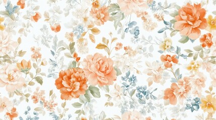 Peach and blue watercolor floral seamless pattern.