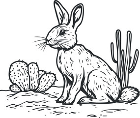 Black and white line art illustration of a rabbit sitting in a desert landscape with cacti and dry sand.