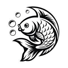 Stylized Fish with Bubbles, Black and White Line Art, Aquatic Creature