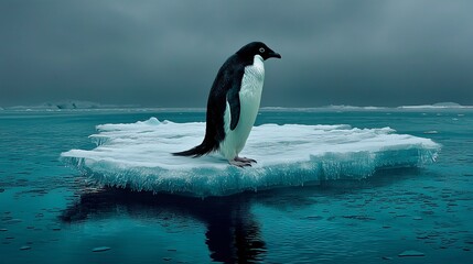 Obraz premium Stark environmental commentary for World Penguin Day. A lone penguin isolated on a melting ice floe evokes vulnerability and the urgency of climate action. Conceptual nature shot.