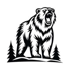 Roaring Bear Black Silhouette with Sharp Teeth Standing Near Spruce Tree Forest Icon