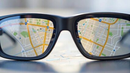 Glasses reflect a detailed map, symbolizing navigation and exploration in modern travel and technology.