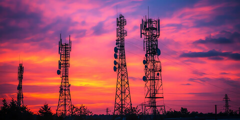 Fototapeta premium Telecommunication Towers Silhouette at Sunset