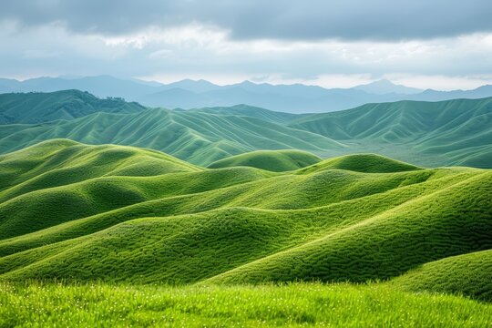 A panoramic view of rolling green hills under a cloudy sky, Tranquil scene of grassy hills rolling into the distance