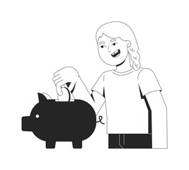 Blonde girl putting coin into piggy bank 2D line character. Financial literacy. Cheerful female child learning to save money isolated vector ink outline person. Monochromatic spot illustration