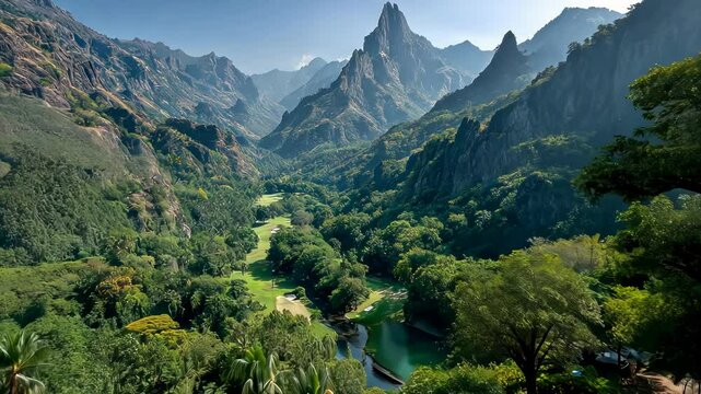 Lush valley, towering peaks