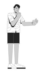 Thoughtful indian man in casual summer outfit 2D line character. Thinking south asian guy in patterned shirt planning vacation isolated vector ink outline person. Monochromatic spot illustration