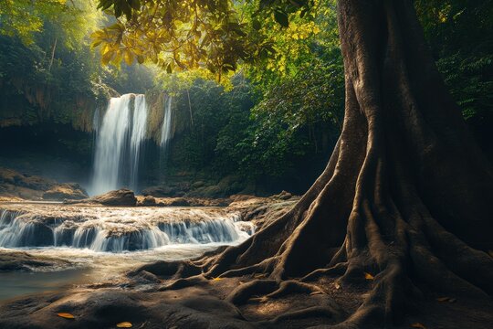 Majestic Thailand waterfall surrounded by lush greenery and ancient trees, Amazing nature of Thailand Waterfall and tree with large roots in beautiful jungle forest