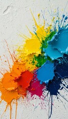 Fototapeta premium A colorful paint splatters that resembles a rainbow, creating a vibrant and dynamic artwork. The paint splatters burst out from the center
