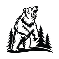 Roaring Black Bear Silhouette With Forest Trees, Wildlife Animal, Outline Style, Wild