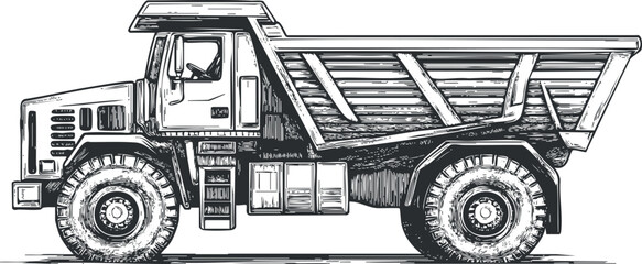 Fototapeta premium Detailed black and white illustration of a heavy dump truck used for construction and hauling materials.