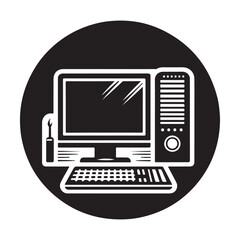 Computer Silhouette Vector Illustration, Solid White Background.