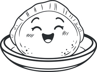 Cute happy dumpling cartoon illustration on a plate with smiling face in black and white