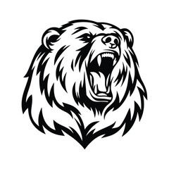 Ferocious Grizzly Bear Head, Black and White Outline, Roaring Wild Animal, Isolated