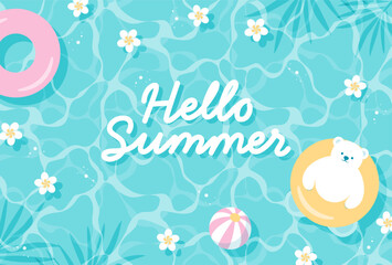 summer vector background with a polar bear and flowers floating in water