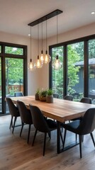 Modern dining room with large windows overlooking nature