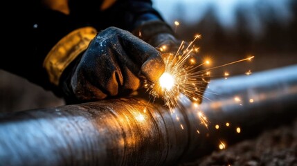 Welding pipeline section close-up
