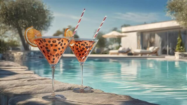 Two elegant martini glasses with leopard-pattern cocktails, garnished with orange slices, stand poolside in a luxurious tropical resort setting. Concept summer vacation and relaxation.