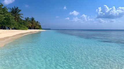 Fototapeta premium Tropical beach paradise, calm ocean, palm trees, sunny sky, travel brochure