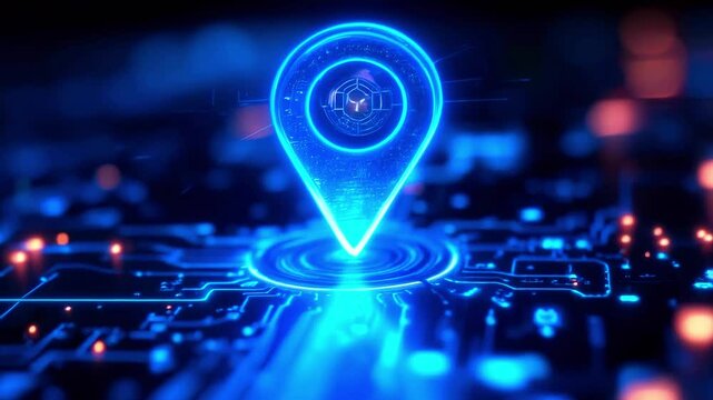 Futuristic digital map pin glowing in blue, set against a circuit board background with lights