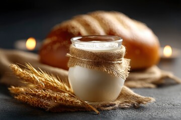 Jar of Yogurt with Bread and Wheat