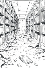 Black and white illustration of a damaged library aisle with bookshelves, fallen books, and debris on the floor.