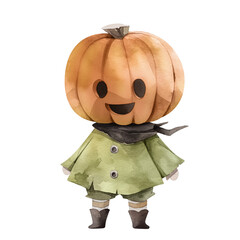Jack head pumpkin in green clothes. Children's watercolor illustration of stylized Halloween character. Isolated clipart with clear even edge on transparent background