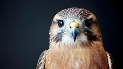 Obraz premium Close Up Portrait Of A Brown Hawk Against A Dark Background Focused Eyes And Detailed Feathers